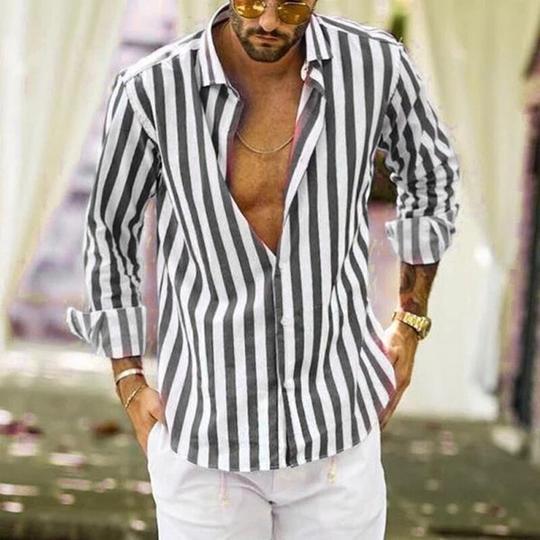 Men’s Striped Lapel Cardigan – Loose Fit, Long Sleeve Polyester shirt Casual Spring & Autumn Wear - Daily Goods