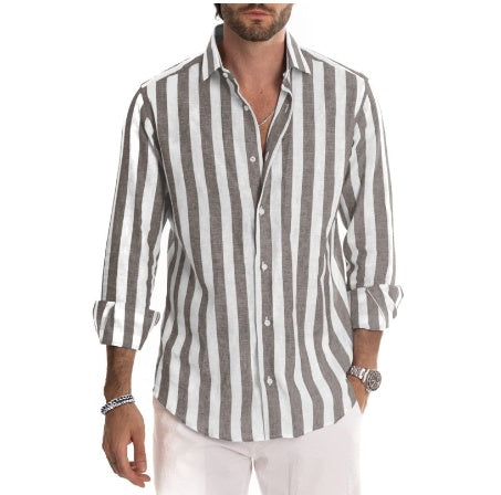 Men’s Striped Lapel Cardigan – Loose Fit, Long Sleeve Polyester shirt Casual Spring & Autumn Wear - Daily Goods