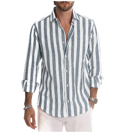 Men’s Striped Lapel Cardigan – Loose Fit, Long Sleeve Polyester shirt Casual Spring & Autumn Wear - Daily Goods