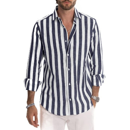 Men’s Striped Lapel Cardigan – Loose Fit, Long Sleeve Polyester shirt Casual Spring & Autumn Wear - Daily Goods