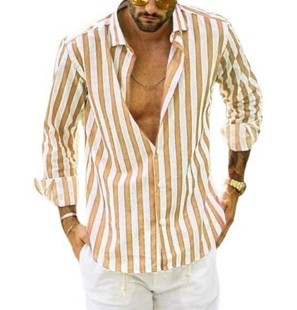 Men’s Striped Lapel Cardigan – Loose Fit, Long Sleeve Polyester shirt Casual Spring & Autumn Wear - Daily Goods