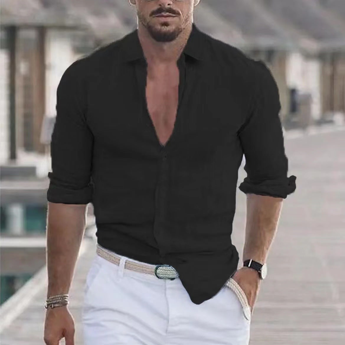 Men’s Color Block Long Sleeve Shirt – Young Casual Spring Wear, Long-Staple Cotton, Collage Stitching Design - Daily Goods
