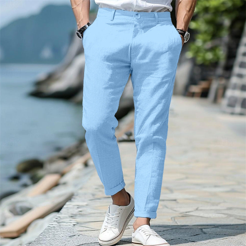 Men’s Linen Slim Fit Trousers – Solid Color Mid-Waist Skinny Pants, Casual Youth Style with Zipper Fly - Daily Goods