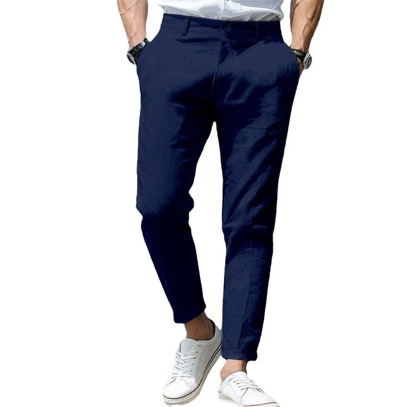 Men’s Linen Slim Fit Trousers – Solid Color Mid-Waist Skinny Pants, Casual Youth Style with Zipper Fly - Daily Goods