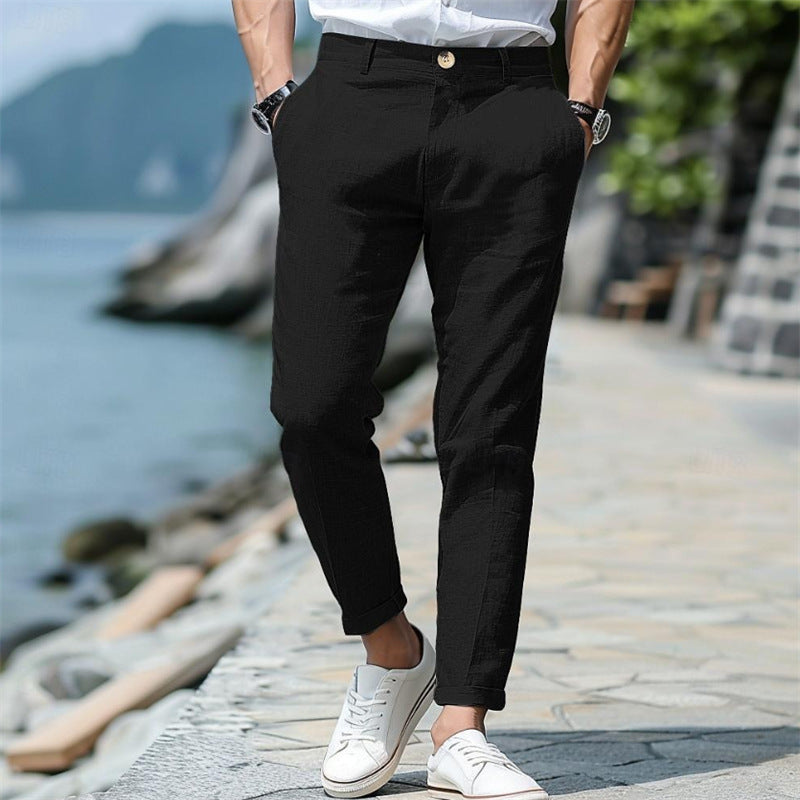 Men’s Linen Slim Fit Trousers – Solid Color Mid-Waist Skinny Pants, Casual Youth Style with Zipper Fly - Daily Goods