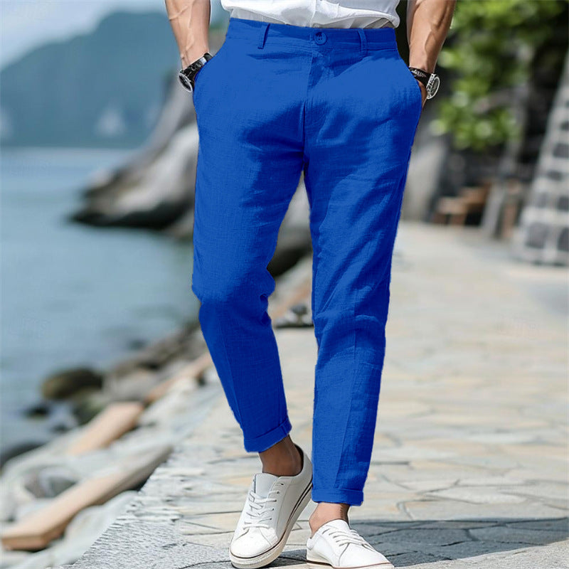 Men’s Linen Slim Fit Trousers – Solid Color Mid-Waist Skinny Pants, Casual Youth Style with Zipper Fly - Daily Goods