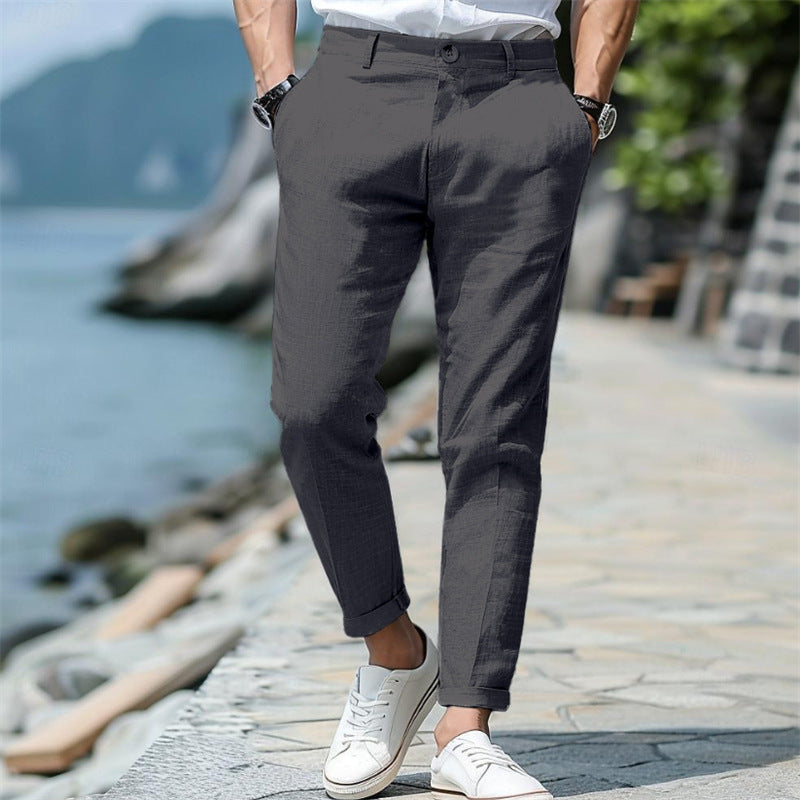 Men’s Linen Slim Fit Trousers – Solid Color Mid-Waist Skinny Pants, Casual Youth Style with Zipper Fly - Daily Goods