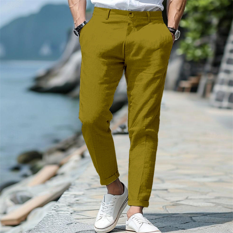 Men’s Linen Slim Fit Trousers – Solid Color Mid-Waist Skinny Pants, Casual Youth Style with Zipper Fly - Daily Goods