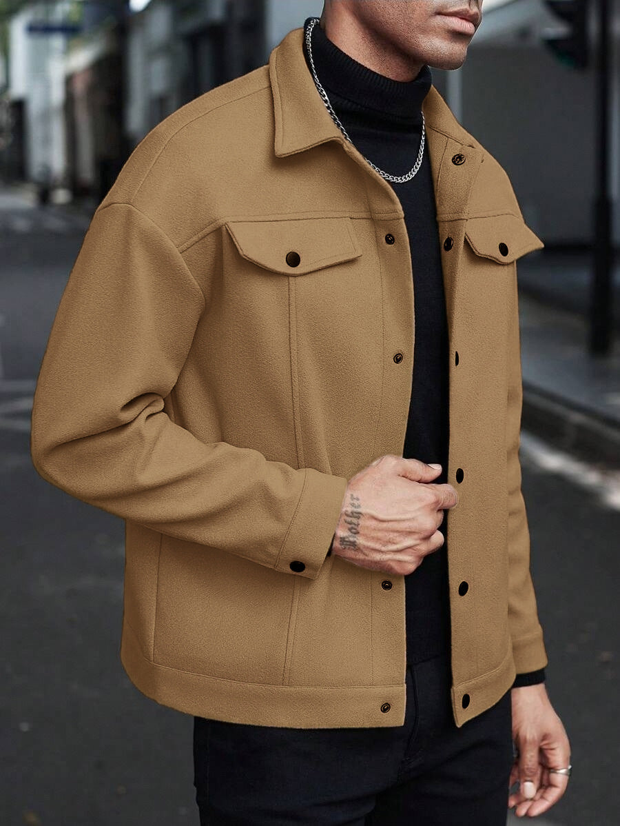 Men’s Wool Blend Jacket – Casual Long Sleeve Coat with Polyester Lining - Daily Goods