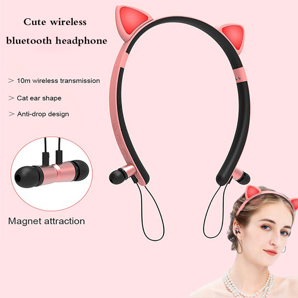 Cute Animal Ears Bluetooth Headphones – Neckband Stereo Wireless Earphones with Magnetic Adsorption, Soft Silicone Earmuffs, 6-Hour Battery | Ideal Gift for Girls & Teens - Daily Goods