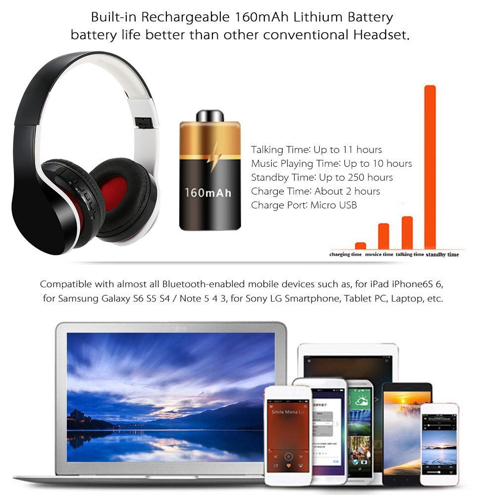 Stereo Bluetooth Headphones with Mic, CSR 4.0 + EDR, 40mm Drivers, TF Card Support & Foldable Design - Daily Goods