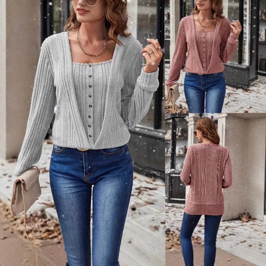 Women’s Button Loose Long-Sleeve Knitted T-Shirt – Solid Color Pullover - Daily Goods