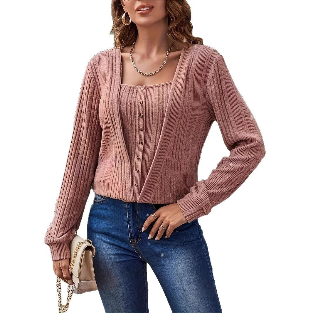 Women’s Button Loose Long-Sleeve Knitted T-Shirt – Solid Color Pullover - Daily Goods