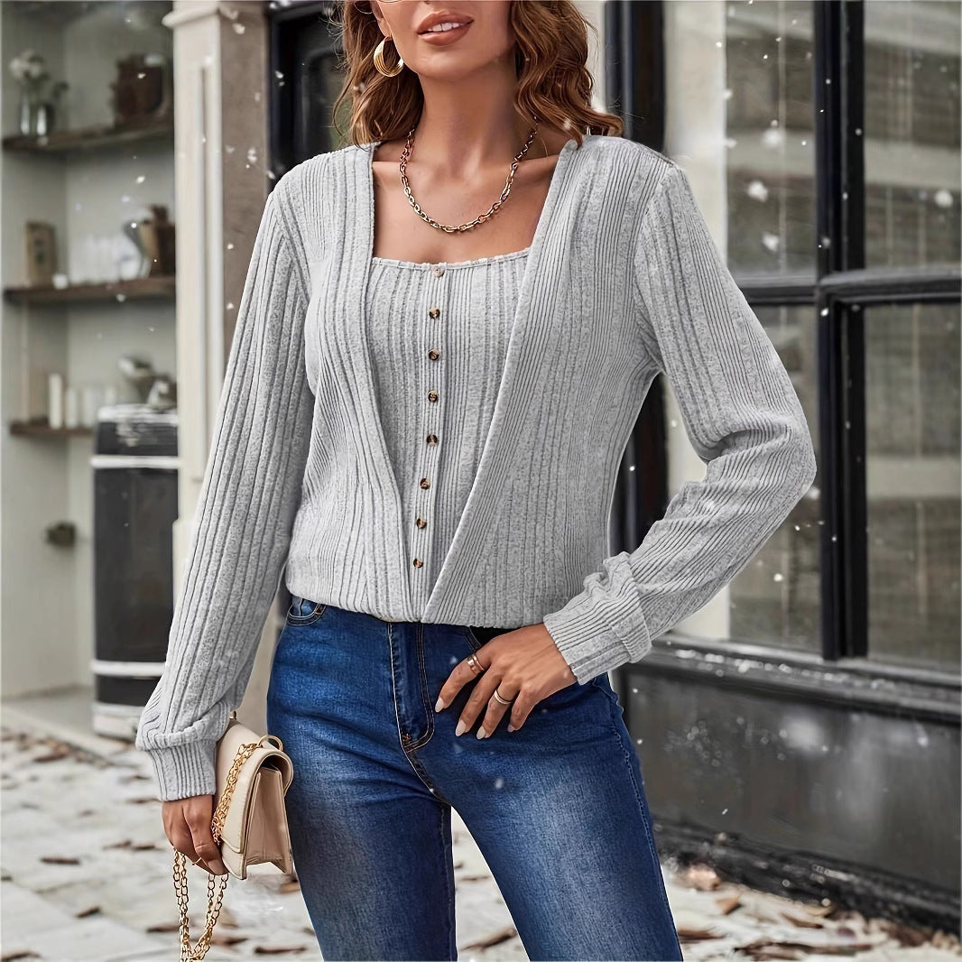 Women’s Button Loose Long-Sleeve Knitted T-Shirt – Solid Color Pullover - Daily Goods