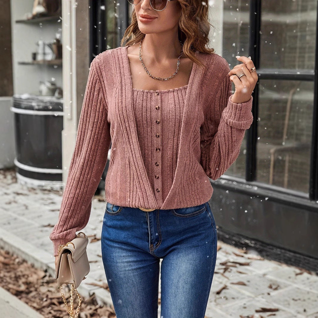 Women’s Button Loose Long-Sleeve Knitted T-Shirt – Solid Color Pullover - Daily Goods