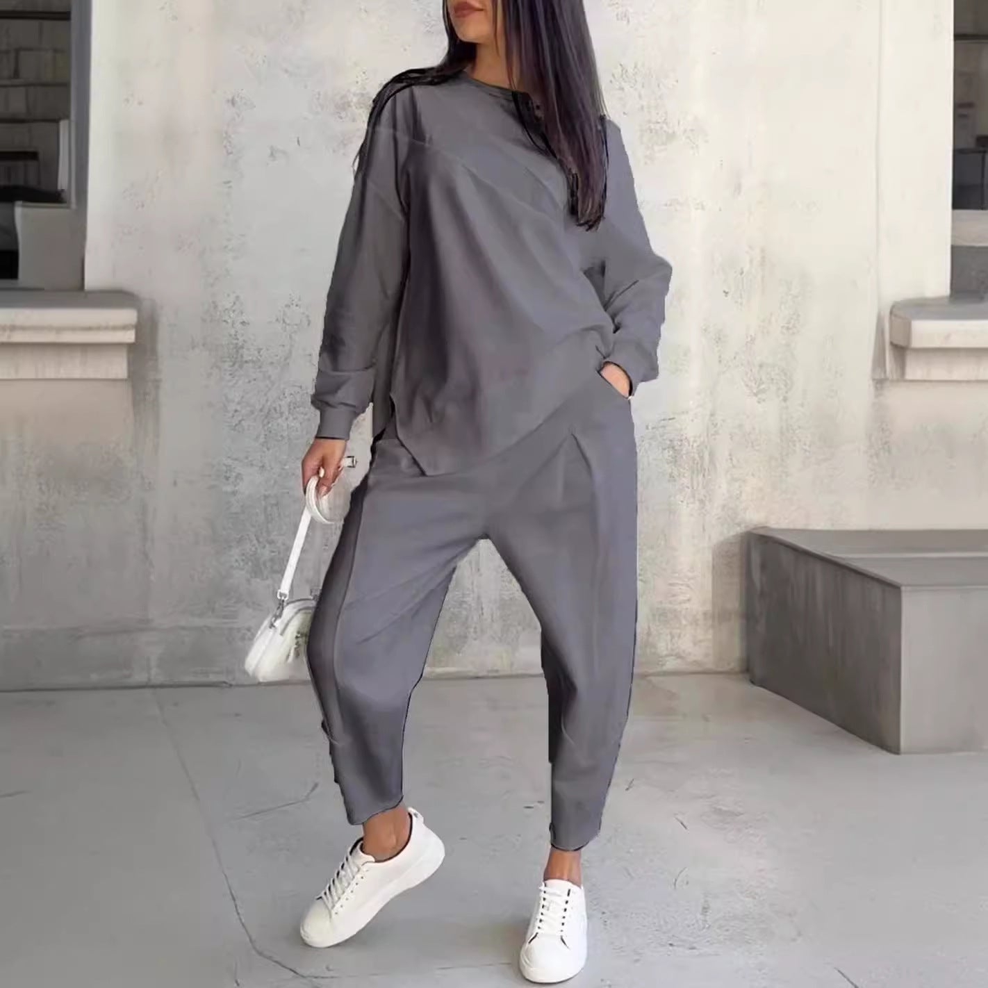 Women’s Loose Irregular Long-Sleeve Sweater Set – Round Neck Casual Knit - Daily Goods