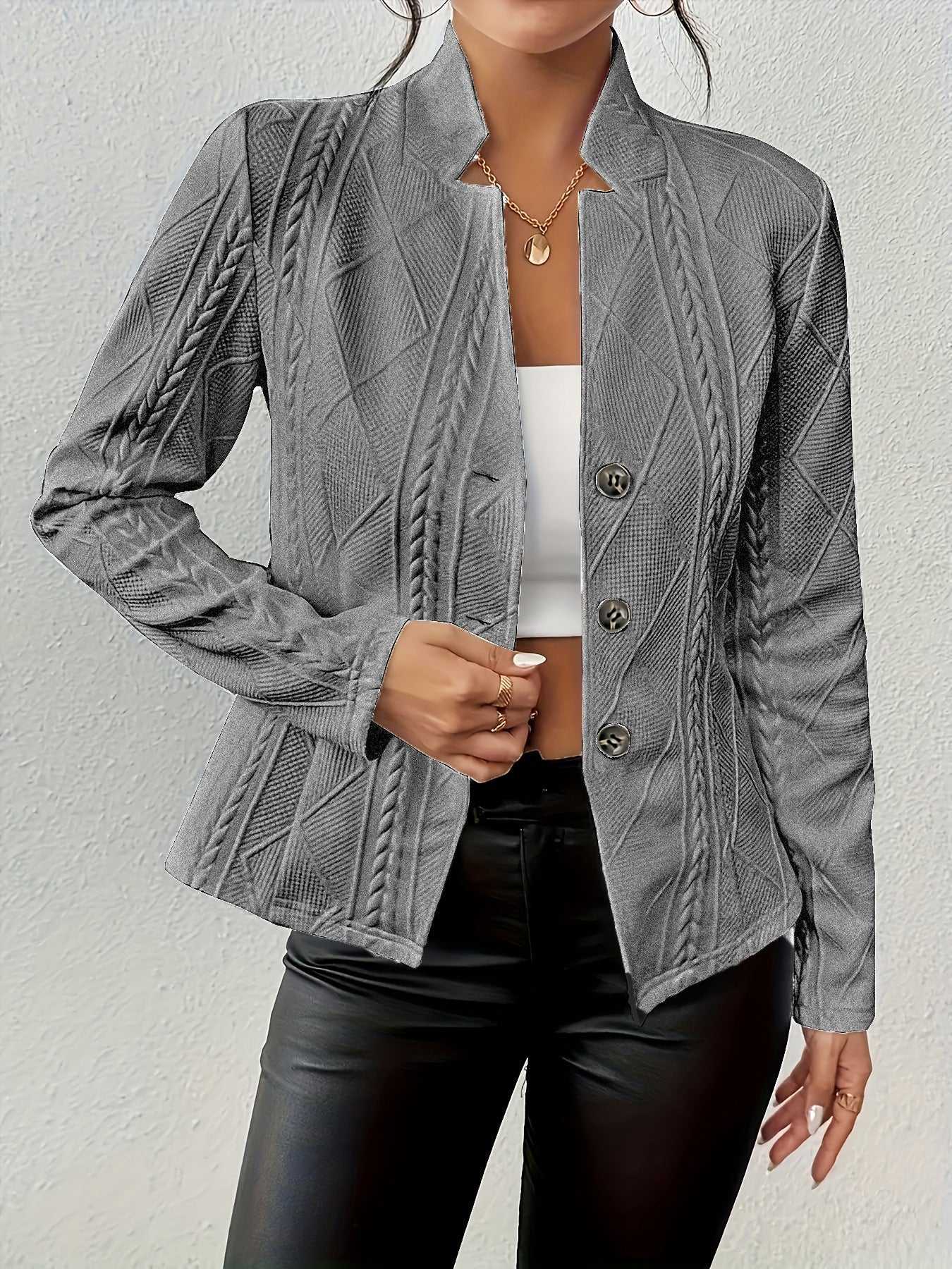 Women’s Slim Blazer Jacket – Single-Breasted Office Coat with Stand Collar - Daily Goods