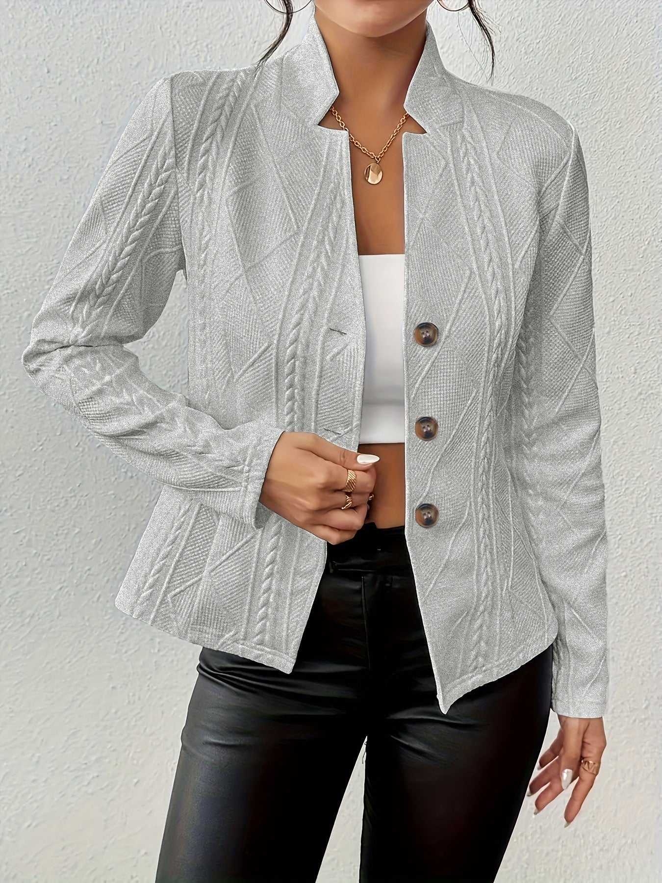 Women’s Slim Blazer Jacket – Single-Breasted Office Coat with Stand Collar - Daily Goods