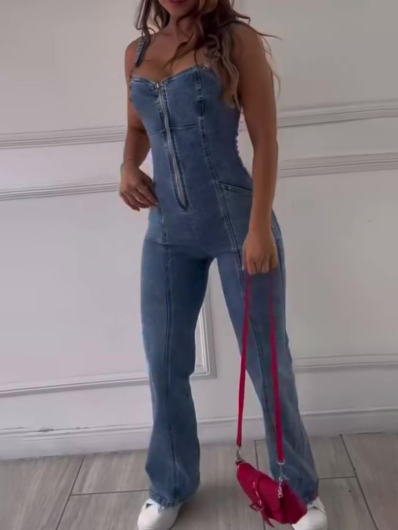 Women’s Sleeveless Denim Jumpsuit with Zipper Front - Daily Goods