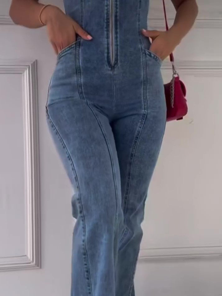 Women’s Sleeveless Denim Jumpsuit with Zipper Front - Daily Goods