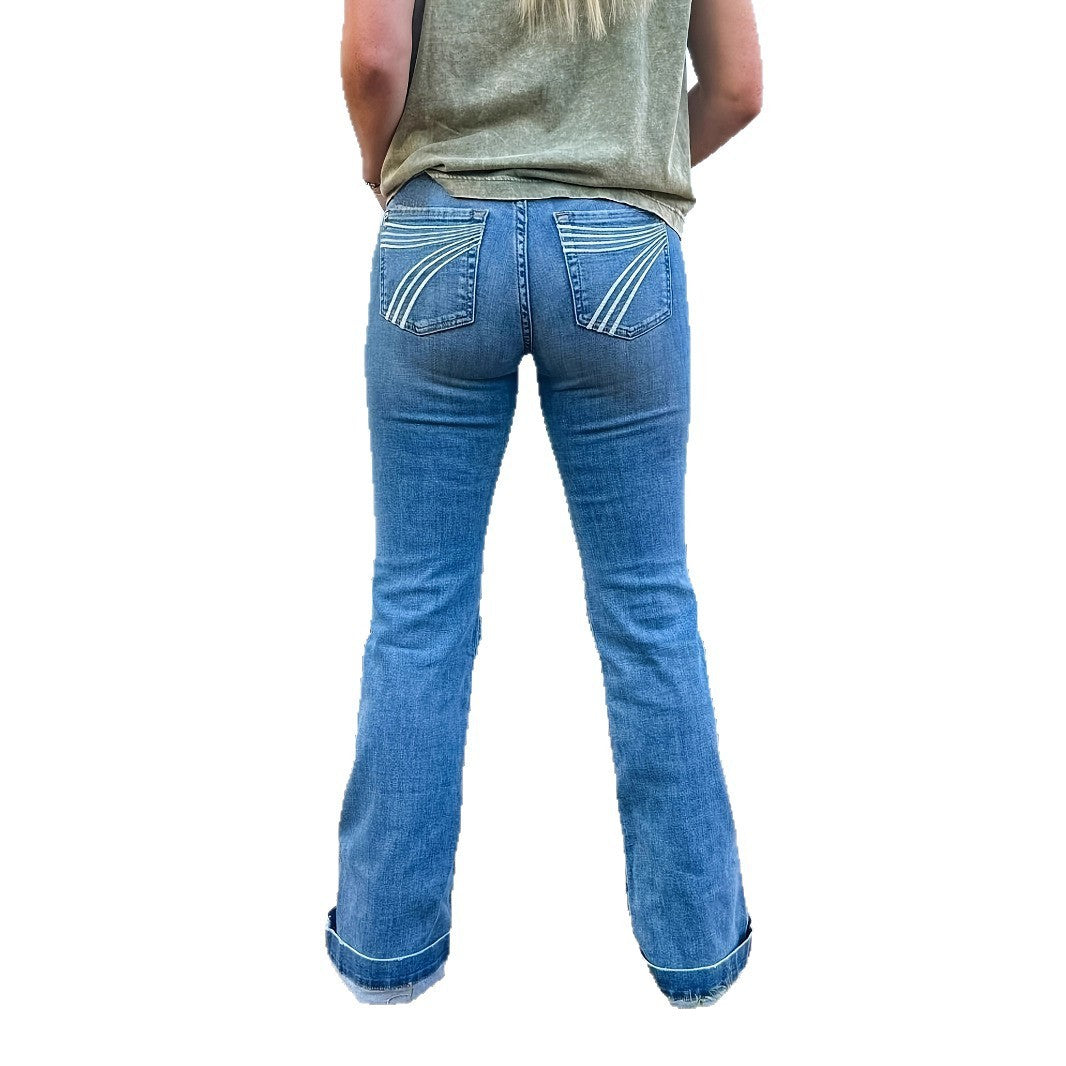 Women’s Slim Fit Mid-Waist Flared Jeans – Embroidered Street Hipster Style - Daily Goods
