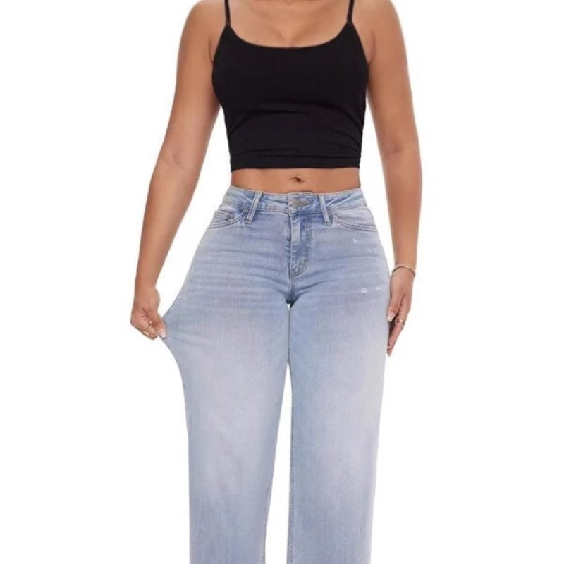 Women’s High Waist Straight-Leg Denim Style Pants – Street Hipster Style - Daily Goods