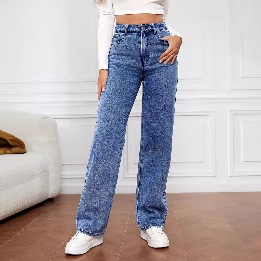 Women’s Washed Straight Jeans – Mid Waist Casual Denim Pants - Daily Goods