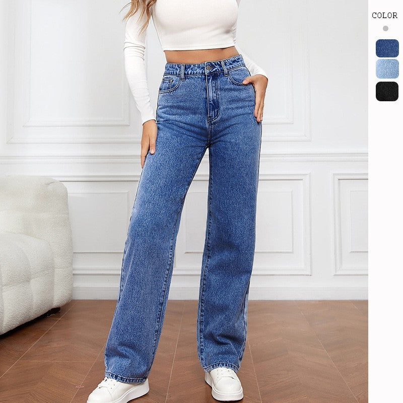 Women’s Washed Straight Jeans – Mid Waist Casual Denim Pants - Daily Goods
