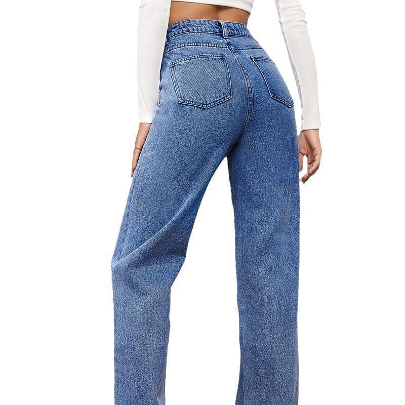 Women’s Washed Straight Jeans – Mid Waist Casual Denim Pants - Daily Goods