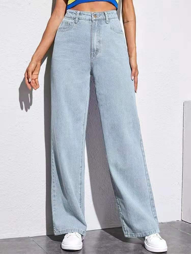 Women’s Washed Straight Jeans – Mid Waist Casual Denim Pants - Daily Goods