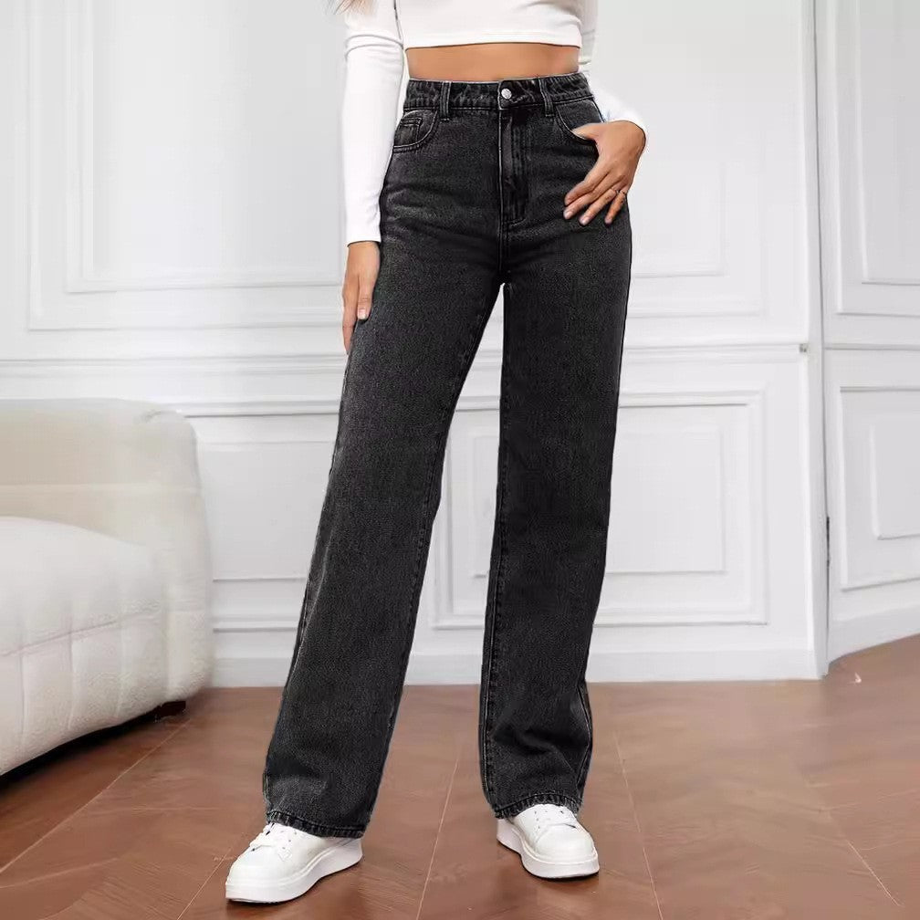 Women’s Washed Straight Jeans – Mid Waist Casual Denim Pants - Daily Goods