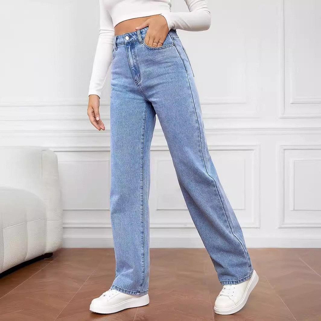 Women’s Washed Straight Jeans – Mid Waist Casual Denim Pants - Daily Goods