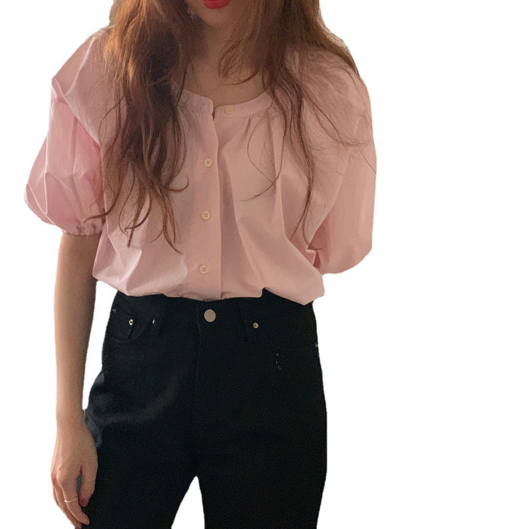 Women’s Retro Multi-Button Loose Slimming Shirt – Casual Half-Sleeve Polyester Top in Pink - Daily Goods