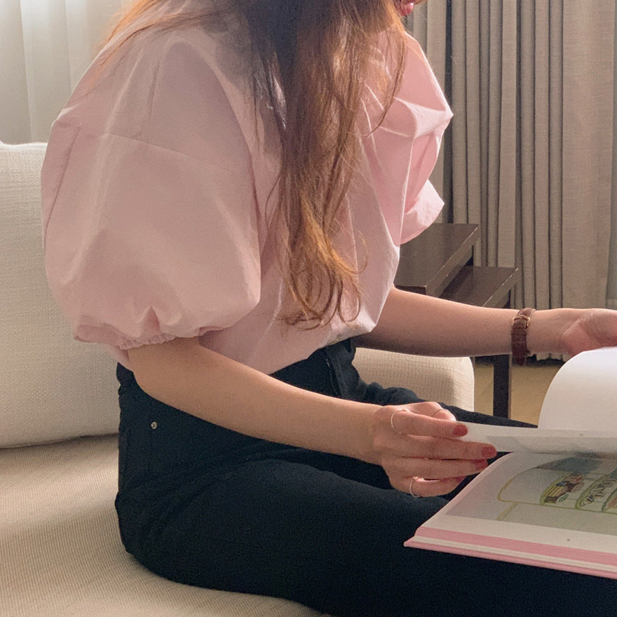Women’s Retro Multi-Button Loose Slimming Shirt – Casual Half-Sleeve Polyester Top in Pink - Daily Goods