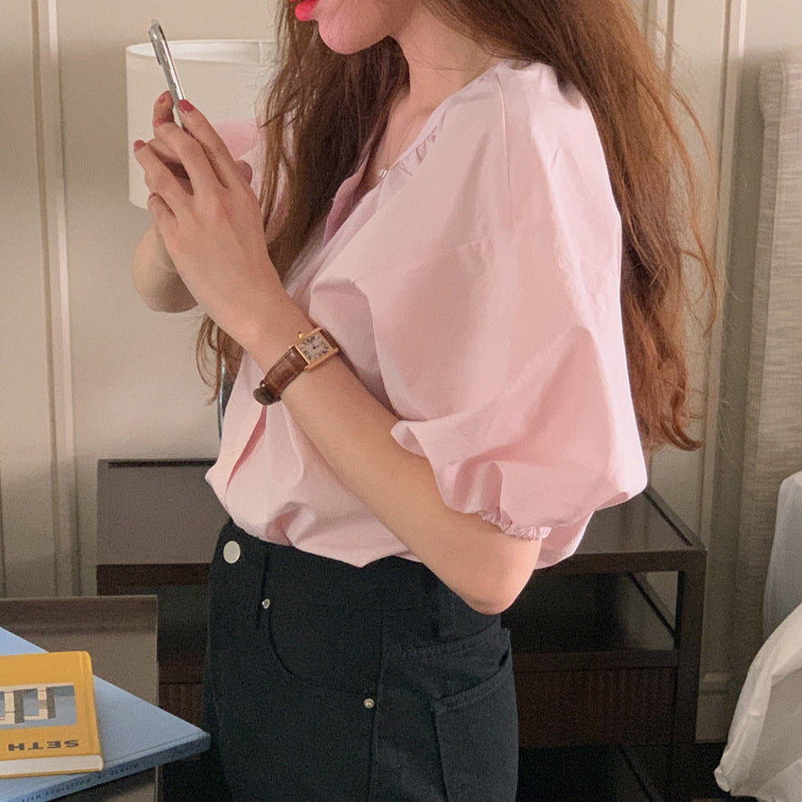 Women’s Retro Multi-Button Loose Slimming Shirt – Casual Half-Sleeve Polyester Top in Pink - Daily Goods