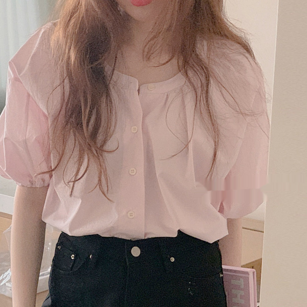 Women’s Retro Multi-Button Loose Slimming Shirt – Casual Half-Sleeve Polyester Top in Pink - Daily Goods