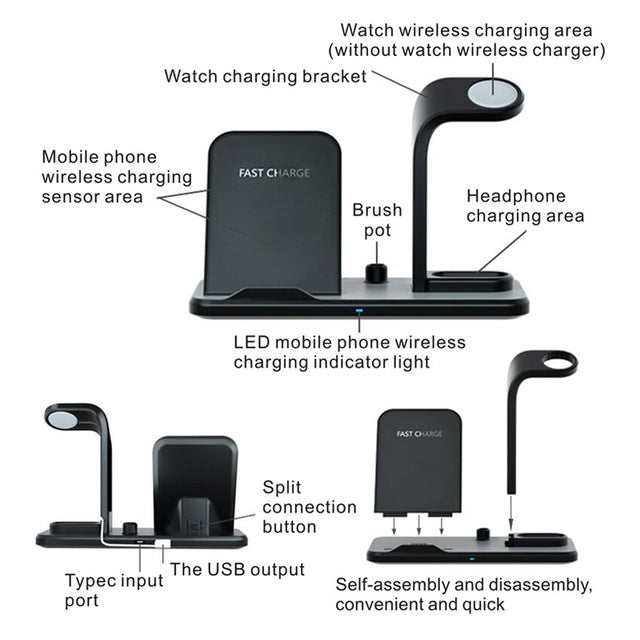 Wireless Charger Bracket – 10W Fast Charging with USB & Headphone Output, Black & White - Daily Goods