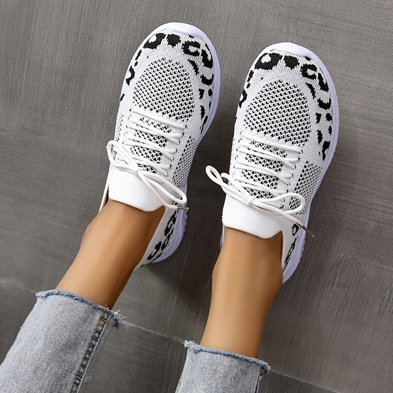 White Shoes Women Leopard Print Lace-up Sneakers Sports - Daily Goods