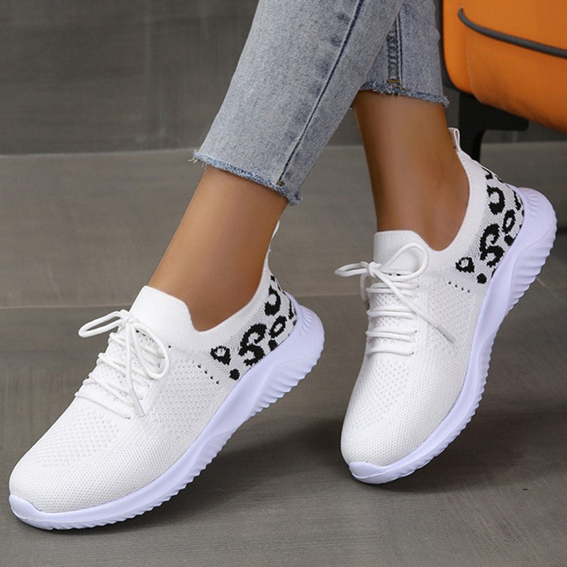 White Shoes Women Leopard Print Lace-up Sneakers Sports - Daily Goods