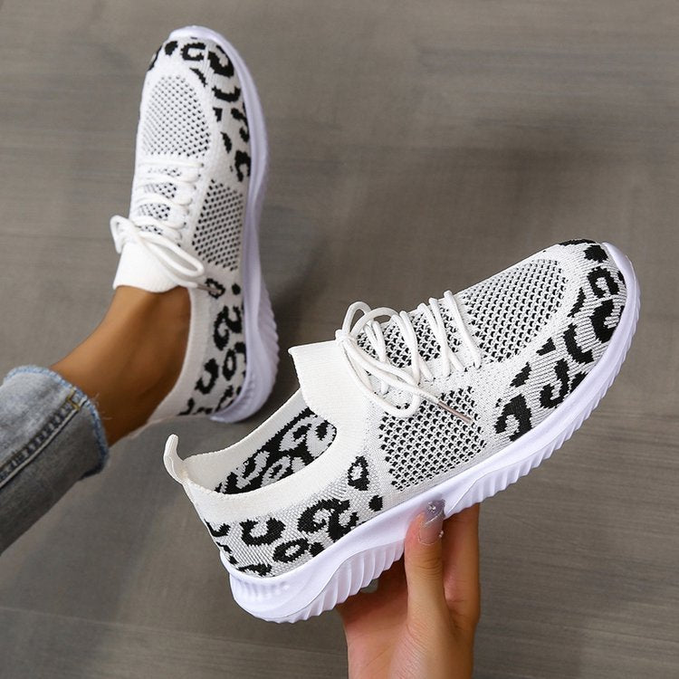 White Shoes Women Leopard Print Lace-up Sneakers Sports - Daily Goods