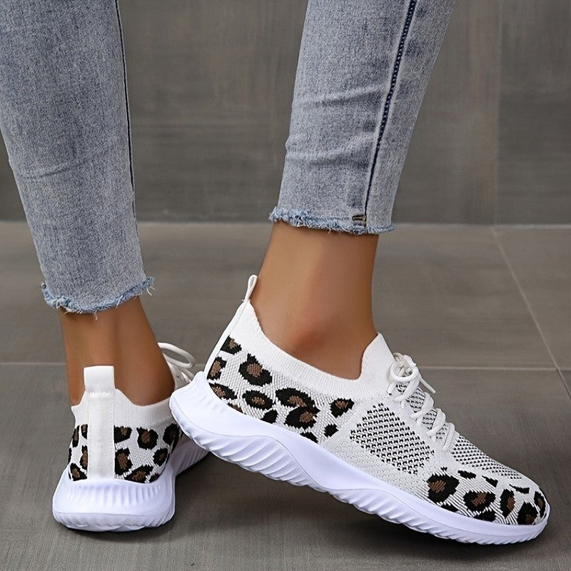 White Shoes Women Leopard Print Lace-up Sneakers Sports - Daily Goods