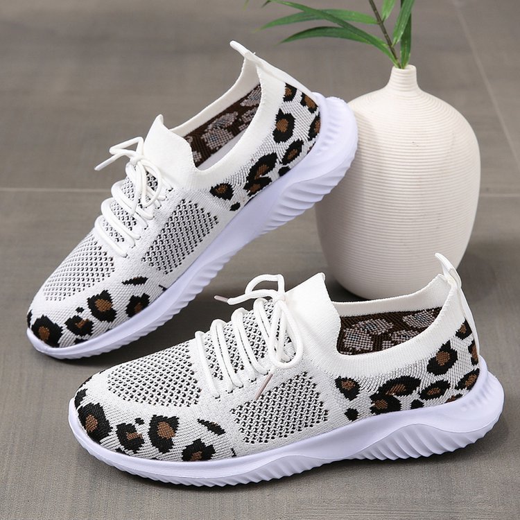 White Shoes Women Leopard Print Lace-up Sneakers Sports - Daily Goods