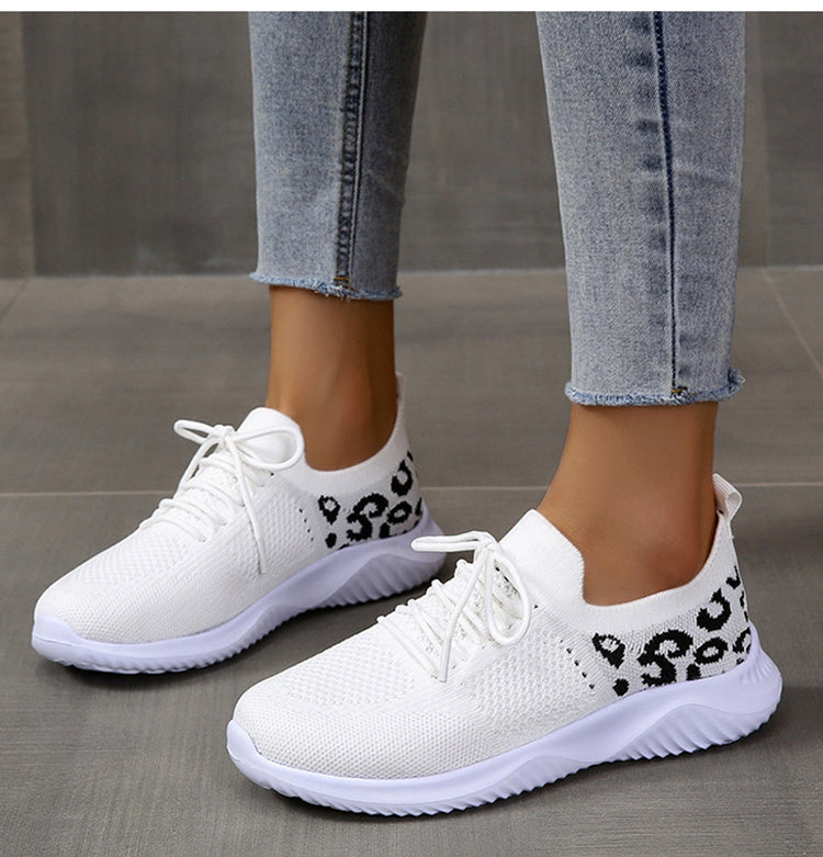 White Shoes Women Leopard Print Lace-up Sneakers Sports - Daily Goods