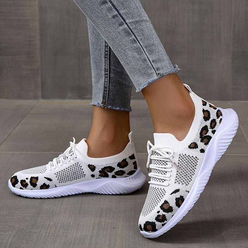 White Shoes Women Leopard Print Lace-up Sneakers Sports - Daily Goods