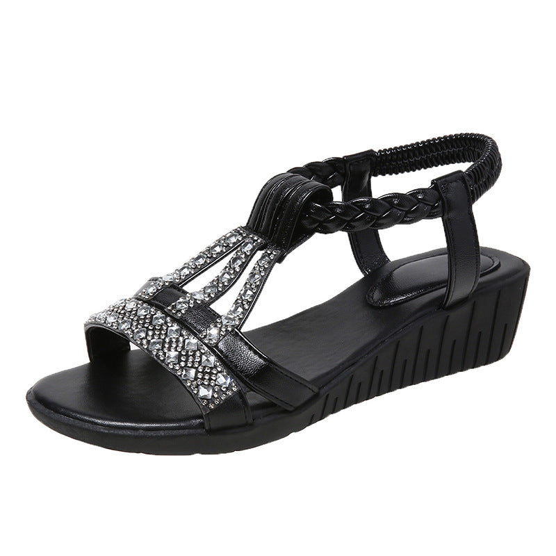 Casual Wedges Sandals With Rhinestone Summer Plus-size Peep-toe Roman Shoes - Daily Goods