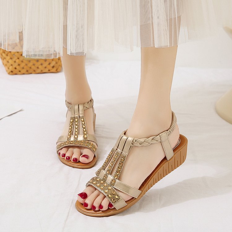 Casual Wedges Sandals With Rhinestone Summer Plus-size Peep-toe Roman Shoes - Daily Goods