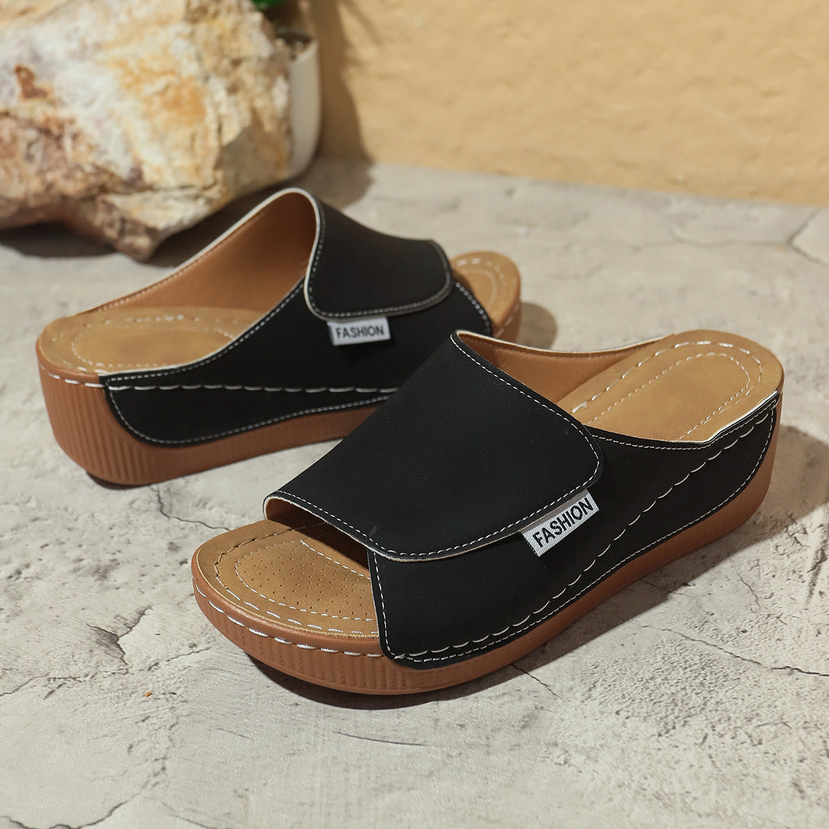 Summer Wedge Slides Slippers Fashion Fish Mouth Thick Bottom Roman Shoes Solid Color Beach Sandals For Women - Daily Goods