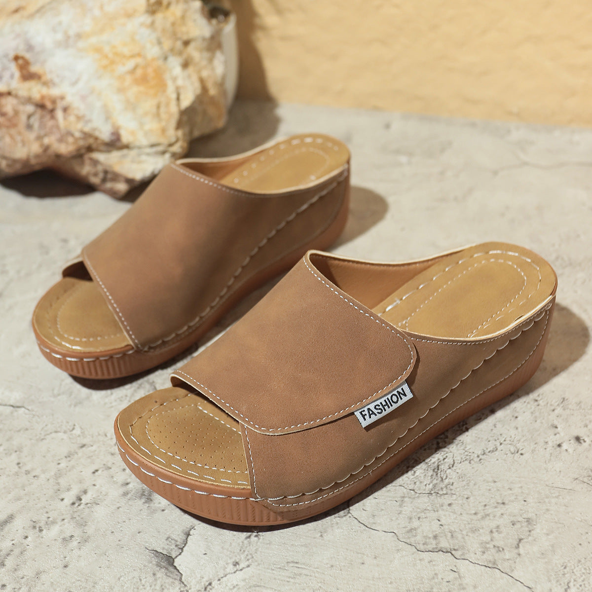 Summer Wedge Slides Slippers Fashion Fish Mouth Thick Bottom Roman Shoes Solid Color Beach Sandals For Women - Daily Goods