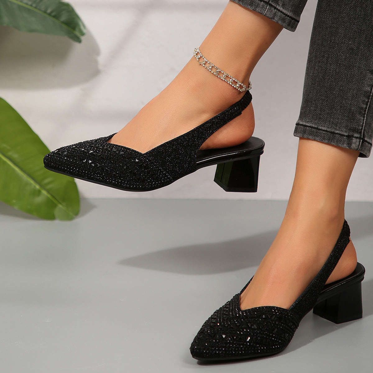 Women's Plus Size Rhinestone Pointed Toe Low Heel Shoes - Daily Goods
