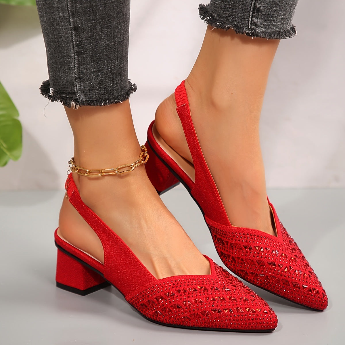 Women's Plus Size Rhinestone Pointed Toe Low Heel Shoes - Daily Goods
